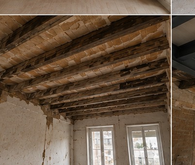 Antes – Vigas de madera deterioradas en Barcelona